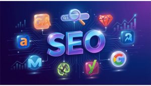 SEO ומסביבו אייקונים של הכלים המובילים בתחום